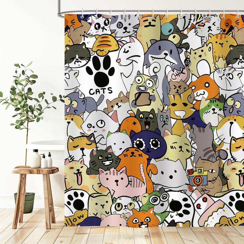 Cute Cartoon Cats Shower Curtain Fun Animal Design Bathroom Decor Kawaii Theme Waterproof Bath Curtain