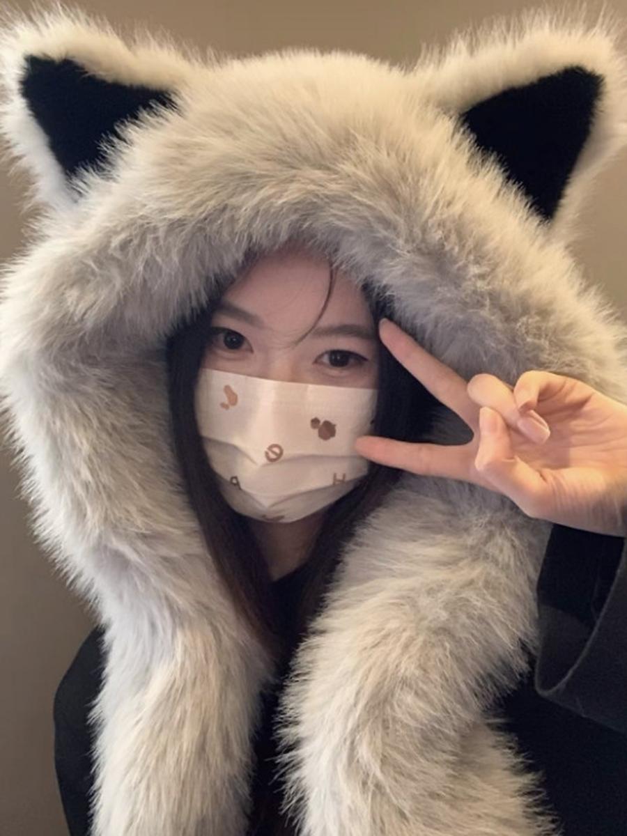 

Thick Fleece Fox Ears Hat for Women Winter Scarf Set New Warm Face-lifting Red Army Cap M сірий колір