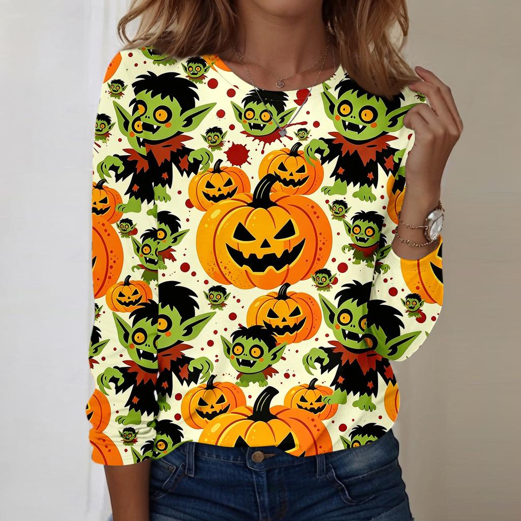 Women's Casual Long Sleeve Pullover Top Halloween Print Round Neck Sweatshirt Comfortable Fit Lightweight Fabric