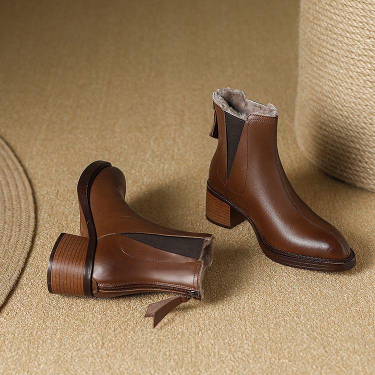 

Fashion New Winter Split Leather Women Boots Fashion Ankle Boot for Women Wool Short Boots Chunky Heel Botines Mujer Concise Women Shoes 34