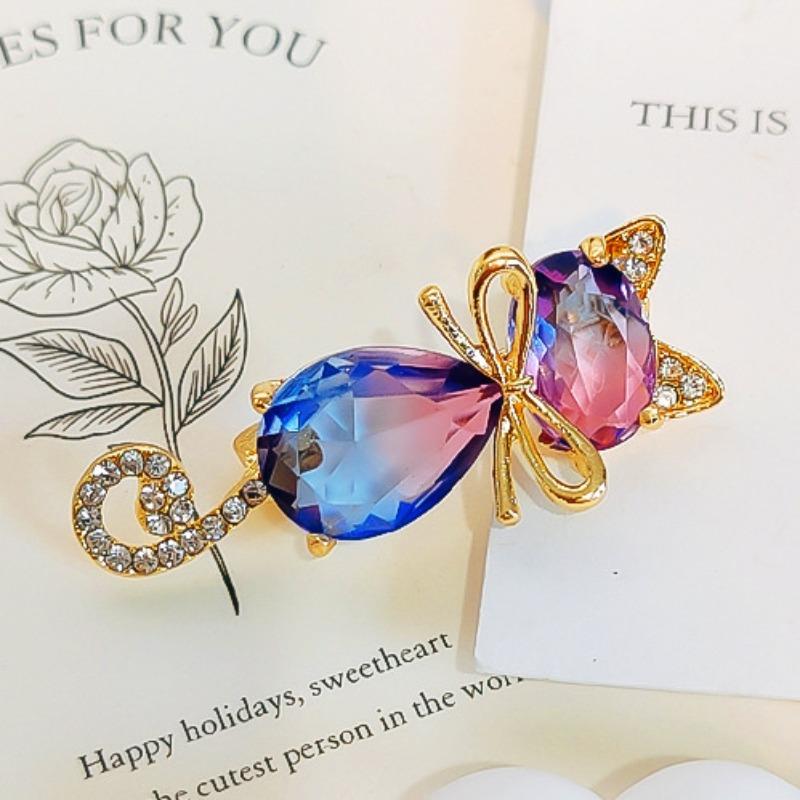 Cute Bow Kitten Cat Brooches For Women's Suit Scarf Simple Rhinestone Lovely Cat Animal Brooch Pins Jewelry Gifts