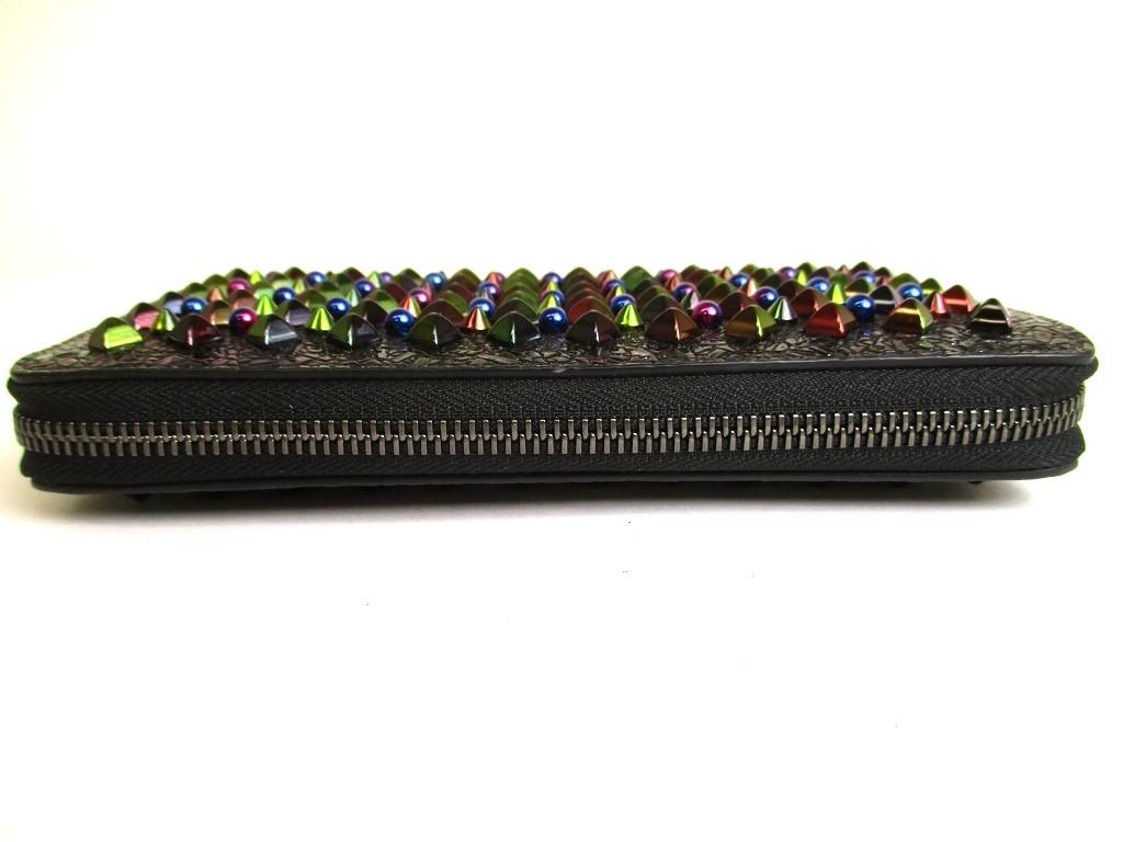 Authentic Christian Louboutin Panettone Black Leather Multicolor Spikes Round Zip Wallet #9746  Refurbished