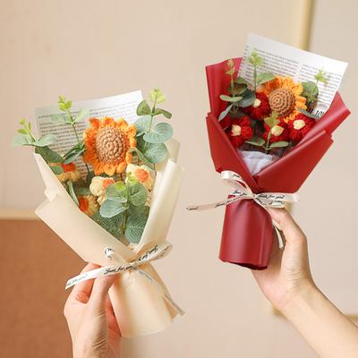 Crochet Flower Bouquet with LED Light DIY Handcrafted Knitting Sunflower Ornament Yarn Floral Decoration Mother's Day Birthday Gift