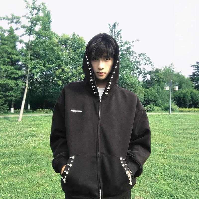 

Белый Цветок Серый Тяжелый Жемчужный Худи Мужской Дизайн Кардиган Пальто XXL