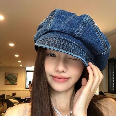 Octagonale Newsboy Pet Vintage Pet met Klep Koreaanse Gewassen Denim Baret Streetwear