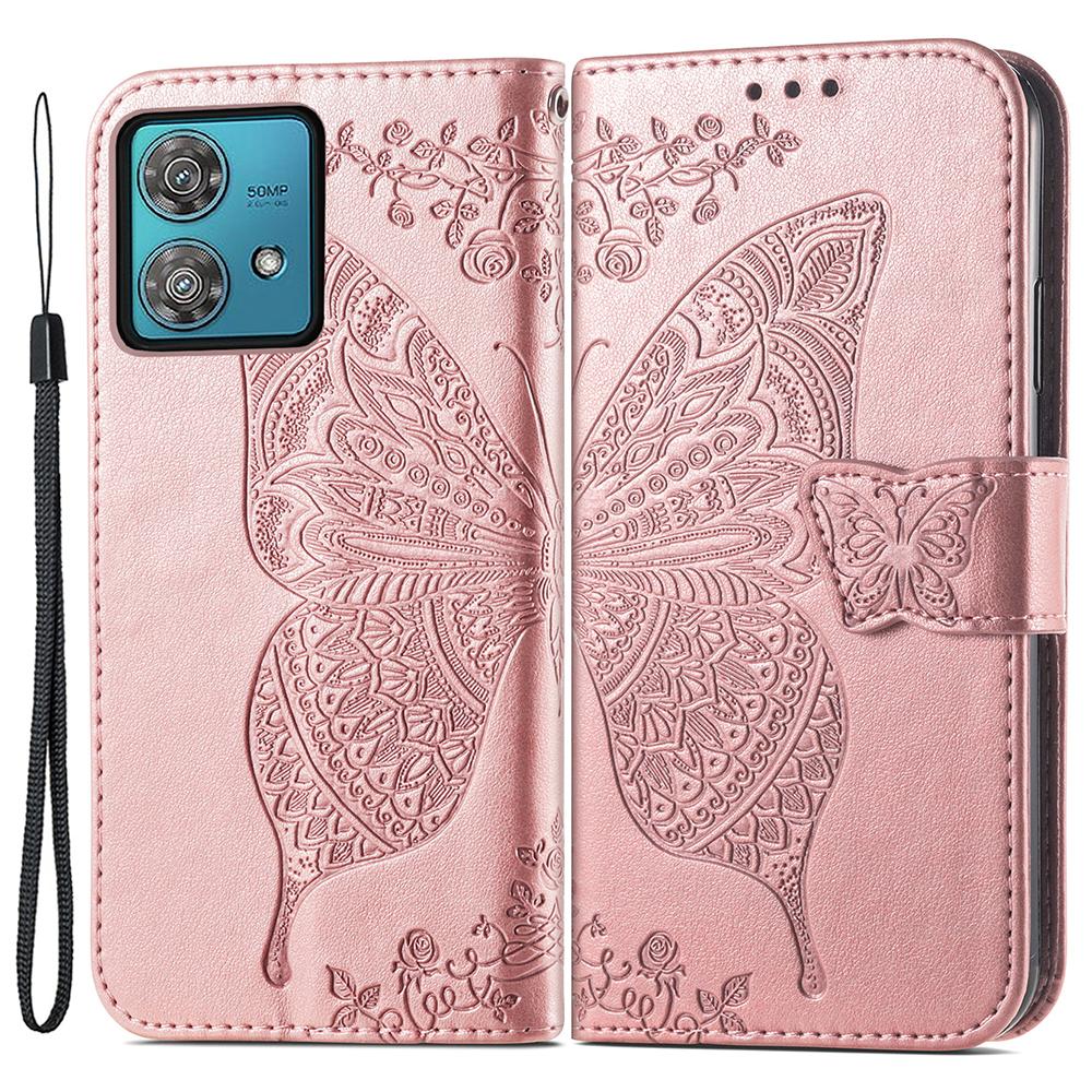 

Чохол-гаманець для Motorola Edge 40 Neo 5G з тисненням метелика та відділеннями для карток Rose Gold