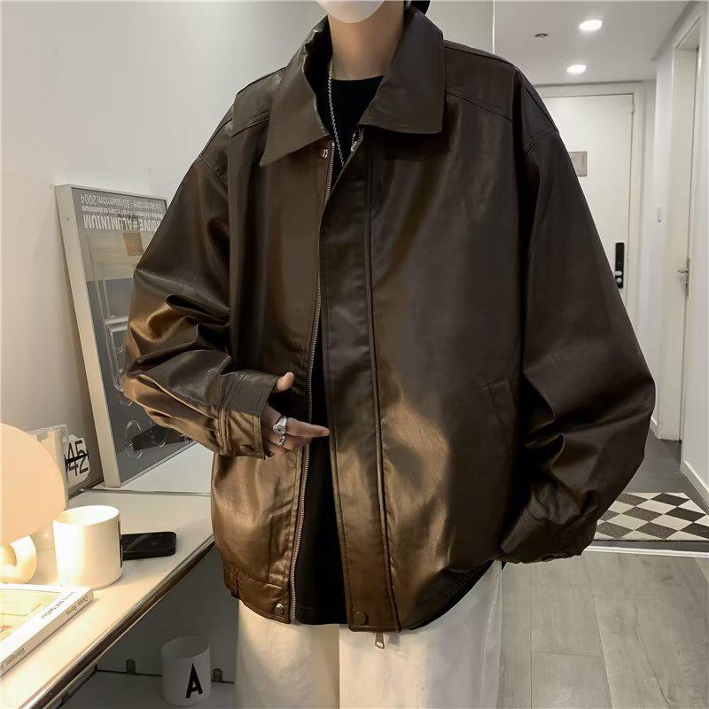 Unisex American Retro Brown PU Leather Motorcycle Jacket - 2024 Spring & Autumn Collection