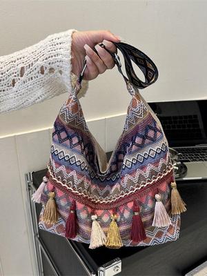 2025 Mode Ethno Quaste Canvas Schulter Crossbody Tote - Große Kapazität