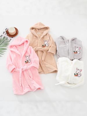 Korean Style Kids' Coral Fleece Radish Rabbit Bathrobe, Hooded and Embroidered, 2025 Collection