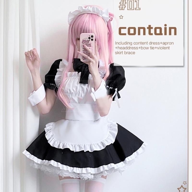 Anime Maid Costume Set Anime Maid Apron Maid Dress, Maid Headpieces, and Maid Bowtie Halloween Cosplay Costume