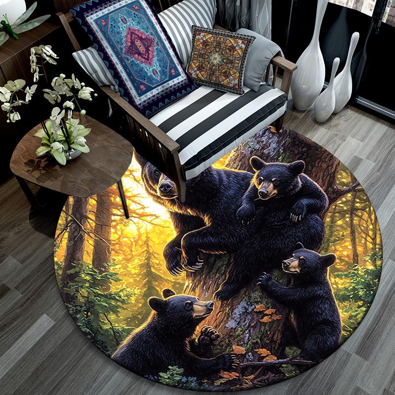 Black Bear Round Area Rug,Carpet Rug for Living Room Bedroom Sofa Playroom Decor,Non-slip Floor Mat