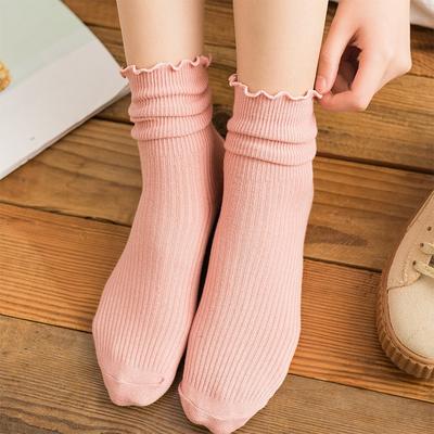 Solid Color Ruffle Trim Vintage Style All Season Casual Socks Women Cotton Stackable Socks