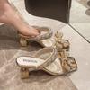 Gentle Bow Thick-heeled Sandals for Women In The Summer of 2025, A New One-line, Transparent Water Diamond Square Toe Fairy Shoe