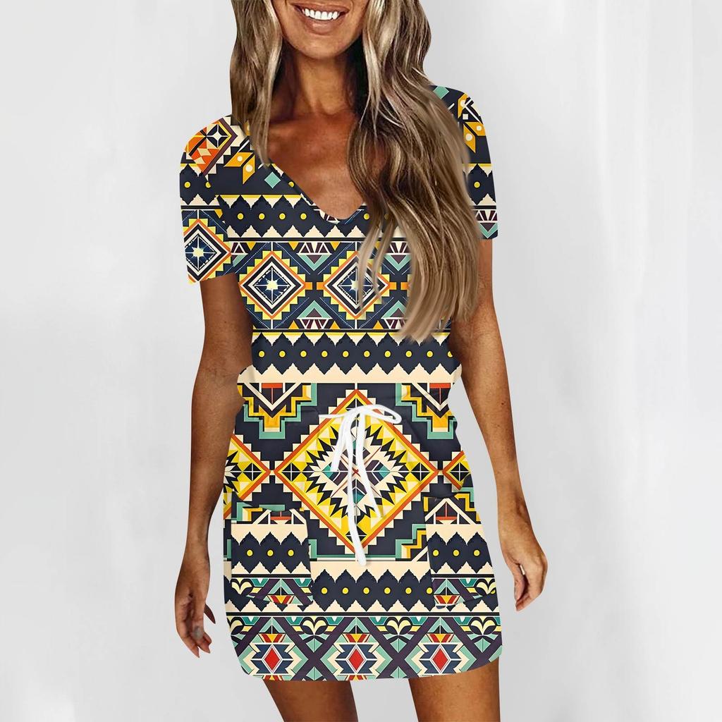 Women's Fashion Casual V-Neck Short Sleeve Drawstring Sequin Printed Dresses
