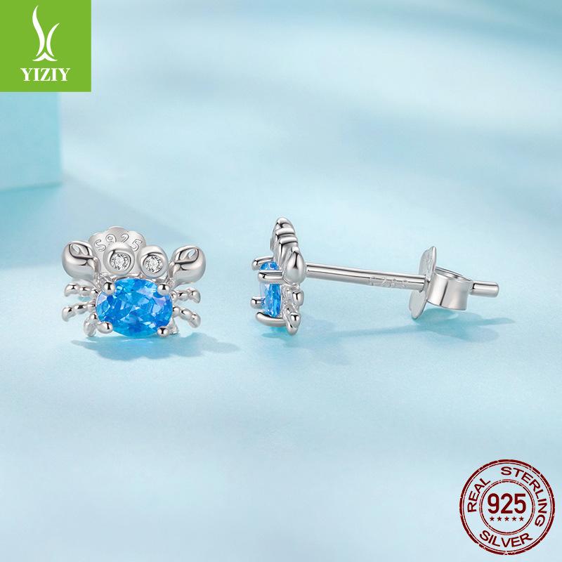 Blue Zircon Crab Stud Earrings, Childlike And Cute Creative S925 Sterling Silver Stud Earrings.