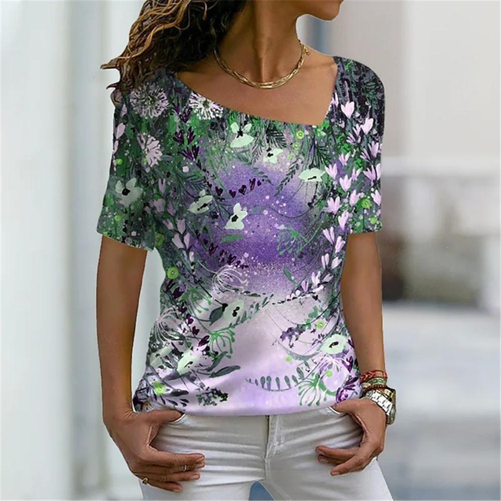 Šikmý límec Květinový Digitální 3D Tisk Harajuku Dámské Tričko Krátký Rukáv Letní Neformální Personalizované Dámské Vrchní Oblečení