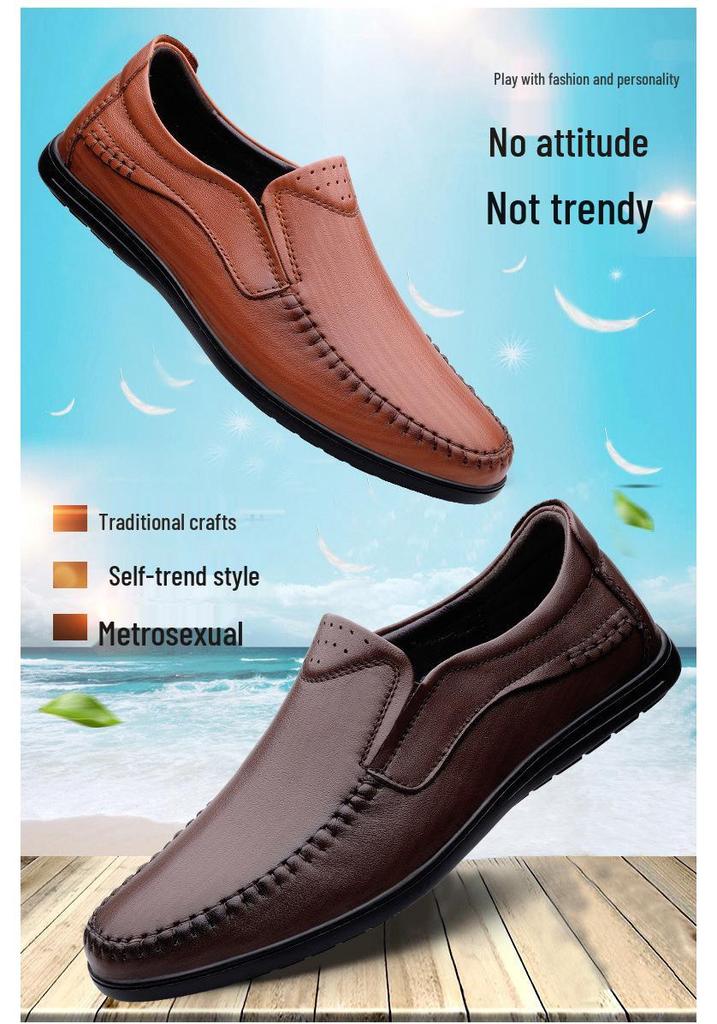 Men's Cross-Season Leather Shoes: Breathable Top Layer Cowhide, Perforated Casual Design for Middle-Aged Men, Available in Large Sizes