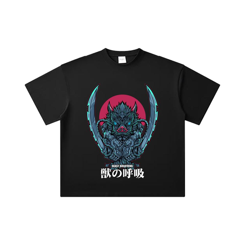 260 GSM Double Yarn 32 Count 100% Cotton Demon Slayer V29 Inosuke Print Unisex Heavy Cotton T Shirt
