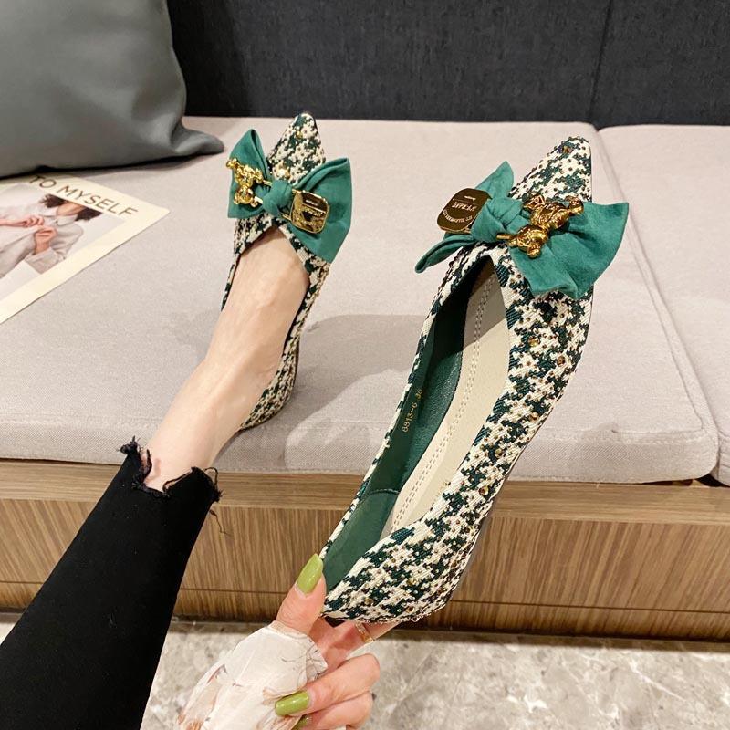 pointed head shallow mouth single shoes women's spring and summer flat bottom new plaid material four seasons shoes boat ladyshoes single large size