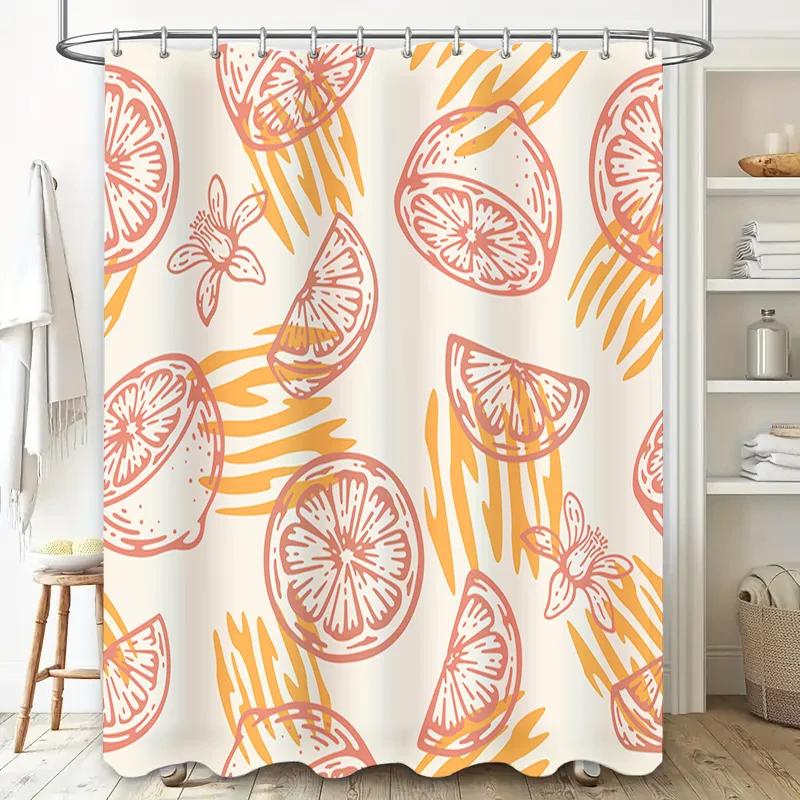 Modern Orange Shower Curtain with Floral Design for Bathroom Decor White Background with Yellow Accents – Waterproof Fabric