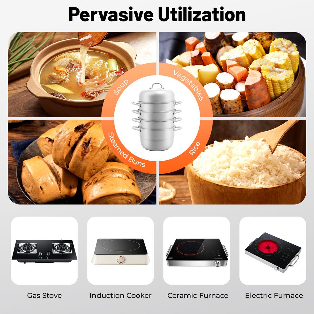 9L 304 Stainless Steel Steamer Pot 3-Layer Stackable Food Steamer for Cooking Soup Bun Vegetable Gas Induction Cooktop