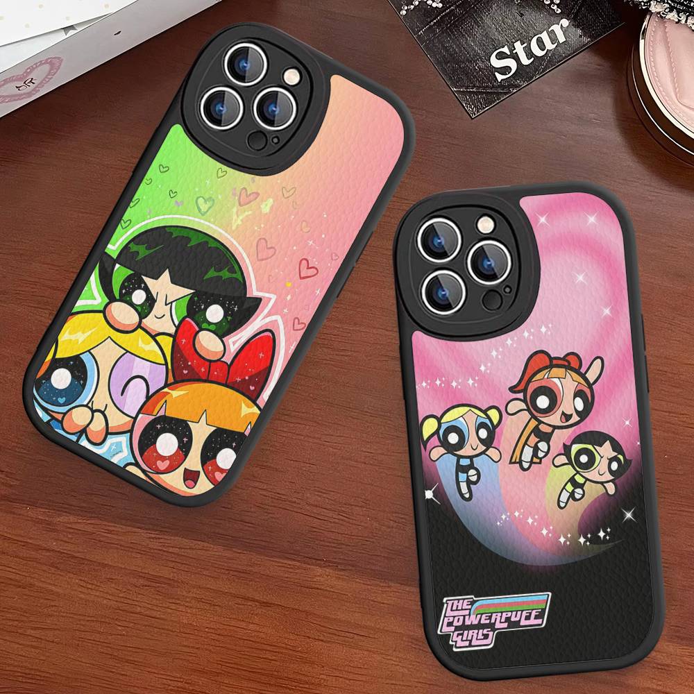 P-Powerpuff-GirlS For IPhone 16 15 14 16E 13 12 11 Pro Max Plus Phone Leather Case