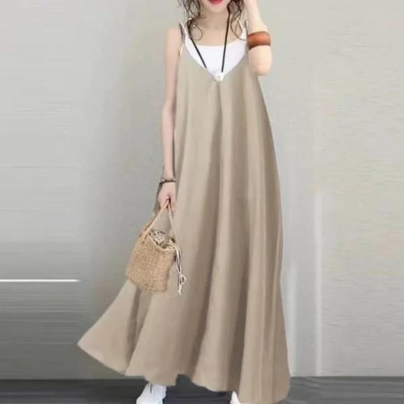 IHUASU Fashion Summer Spring Solid Color Print Sleeveless V-Neck Casual Dresses