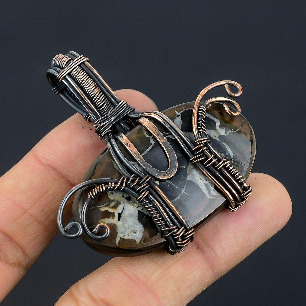 Mud Crack Fossil Pendant, 999 Copper Wire Wrapped Gemstone Jewelry, Handmade Tree Of Life Pendant, For Thanksgiving