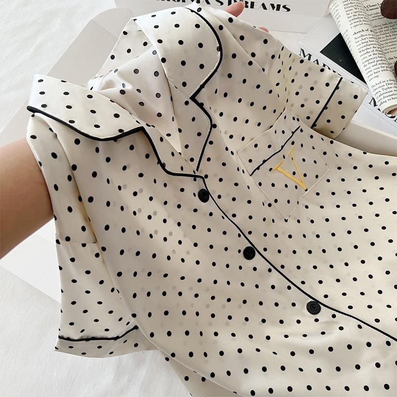 French Style Ice Silk Pajamas Women'S Thin Short-Sleeved Shorts Polka Dot Temperament Style Simple And Cool Summer Loungewear