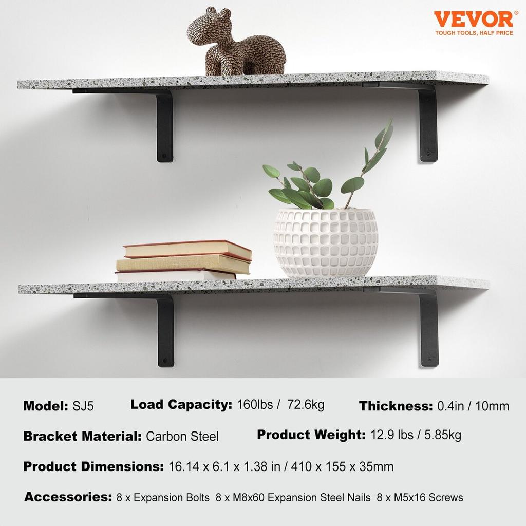 Shelf Bracket, 16 X 6 In 4 Pcs, Heavy Duty Floating Shelf Brackets, Brackets for Shelves, 10mm Thick Matte Black L Shelf Bracket,Steel Shelving