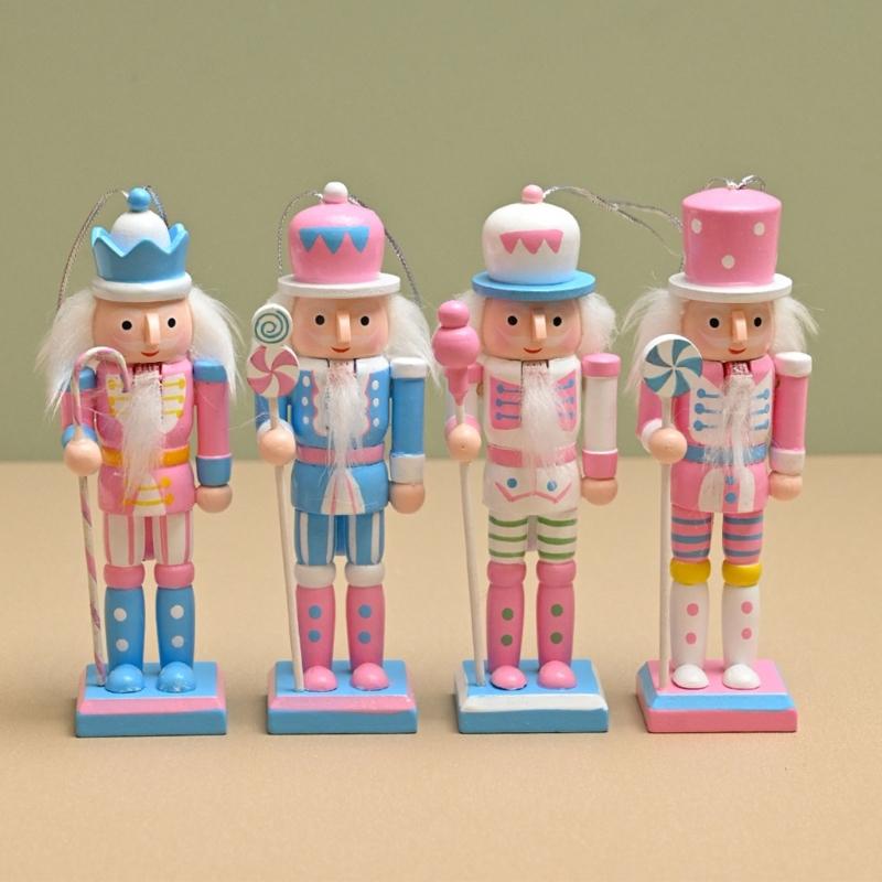 Set of 4 Christmas Character Figures Pink Blue Wood Figures Wall Hanging Ornament for Tree Display, Wreath Styling, Room Display, and Gift Package