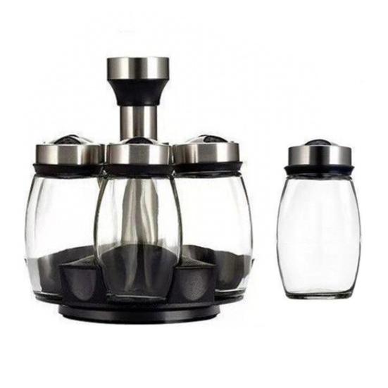 7-Piece Spice Jar Set Rotating Glass Seasoning Bottles with Lids Storage Rack for Salt Sugar Pepper Kitchen Counter Organizer