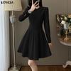 VONDA Women Lapel Neck Long Sleeve Pleating Ruffled Bodycon Mini Dress