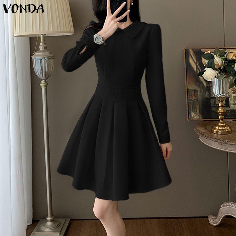 VONDA Women Lapel Neck Long Sleeve Pleating Ruffled Bodycon Mini Dress