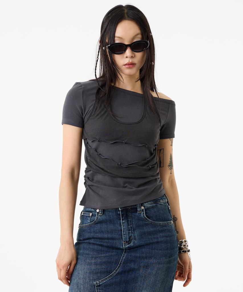 UNKNOWN PLANET Layered Deconstructed Slim T-Shirt Charcoal