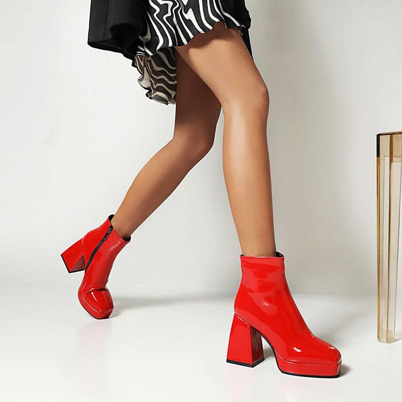 Bonbonfarbene Damenstiefel Kundenspezifische eckige Zehen Lackleder Hohe Absätze Stiefeletten Damen Plateau-Schuhe Winterpumps Botas WSH4986
