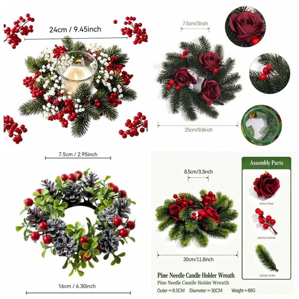 20cm Christmas Candlestick Wreath Handmade DIY Simulation Pine Branch Rose Flower Elegant Red Berry Candle Wreaths