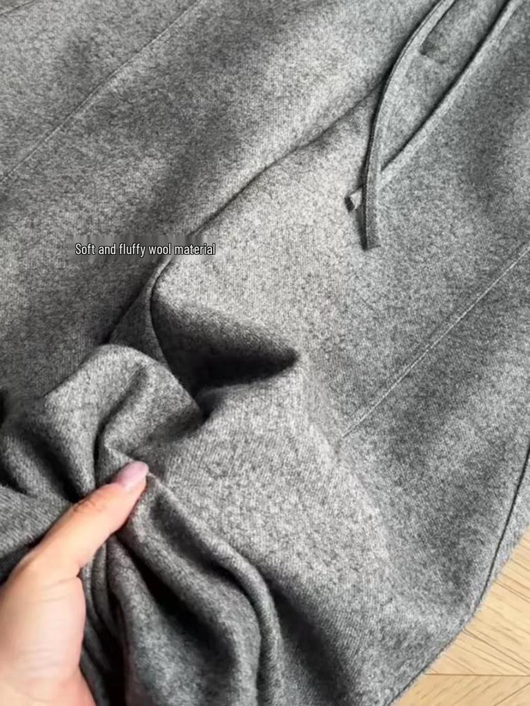 CHAO Level Recommendation: Women's Thickened Grey Wool Flannel Wide-Leg Slimming Banana-Shaped Winter Pants