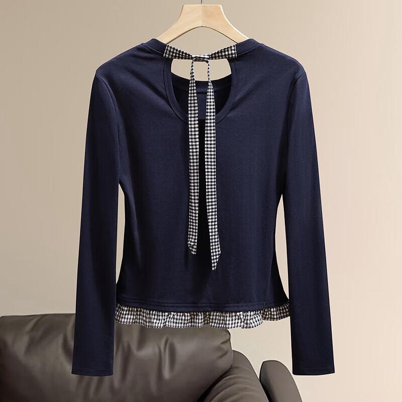 Women s Plaid Patchwork Long Sleeve T-shirt M