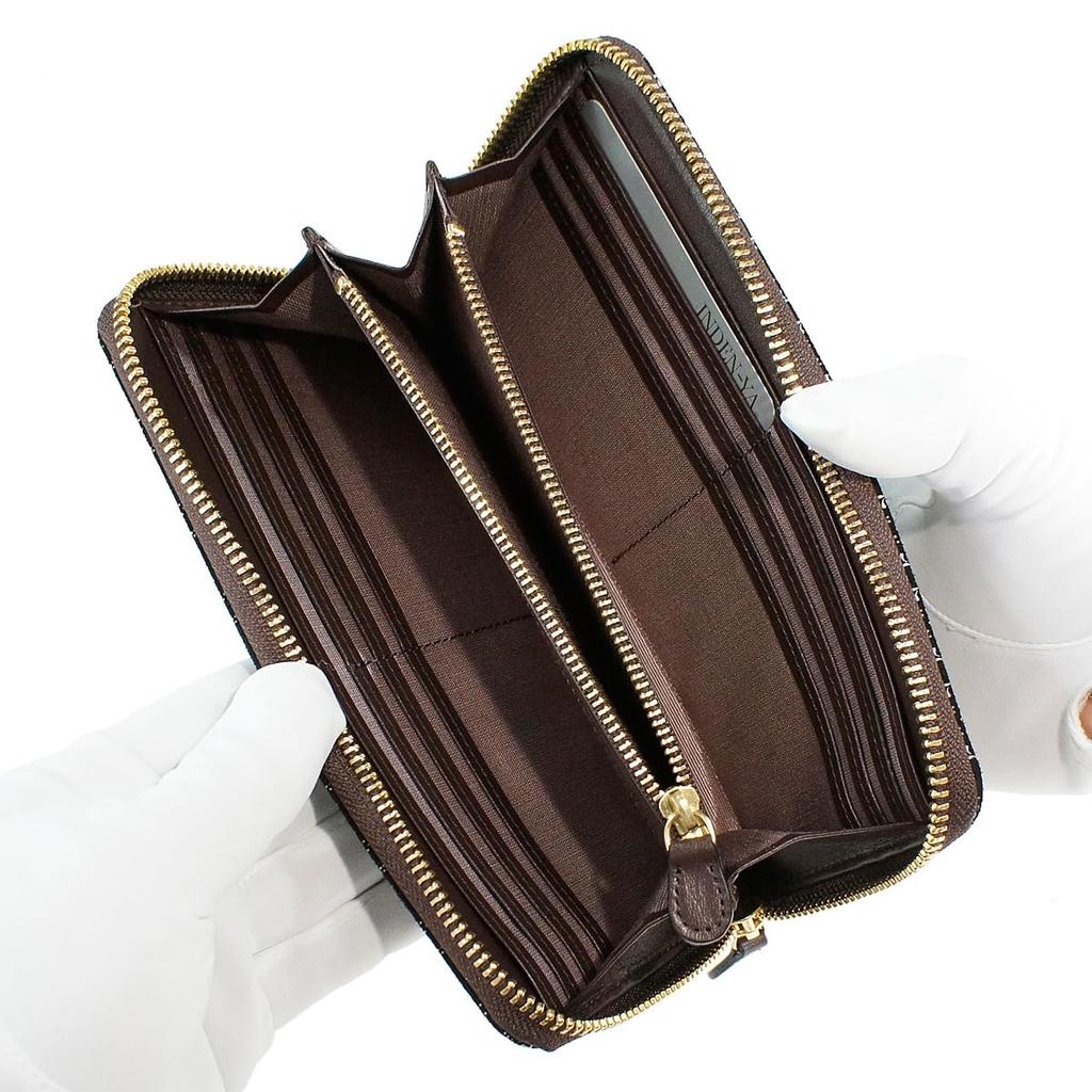 Inden-ya Inden Langes Portemonnaie mit Rundum-Reißverschluss und Münzfach, Hirschleder, Shirabe Maiglöckchen-Muster, Schwarz mit Beiger Lackierung und Perlmuttweiß