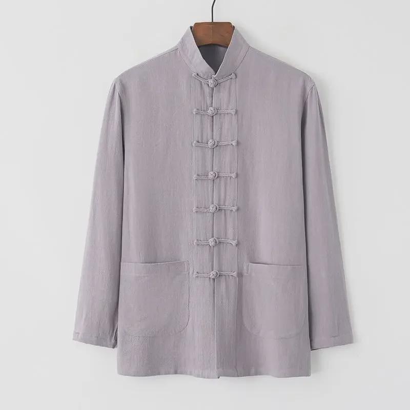Men's Cotton Linen Tang Suit - Long-Sleeve Retro Chinese Buttoned Attire for Middle-Aged & Elderly, Loose Tai Chi Style