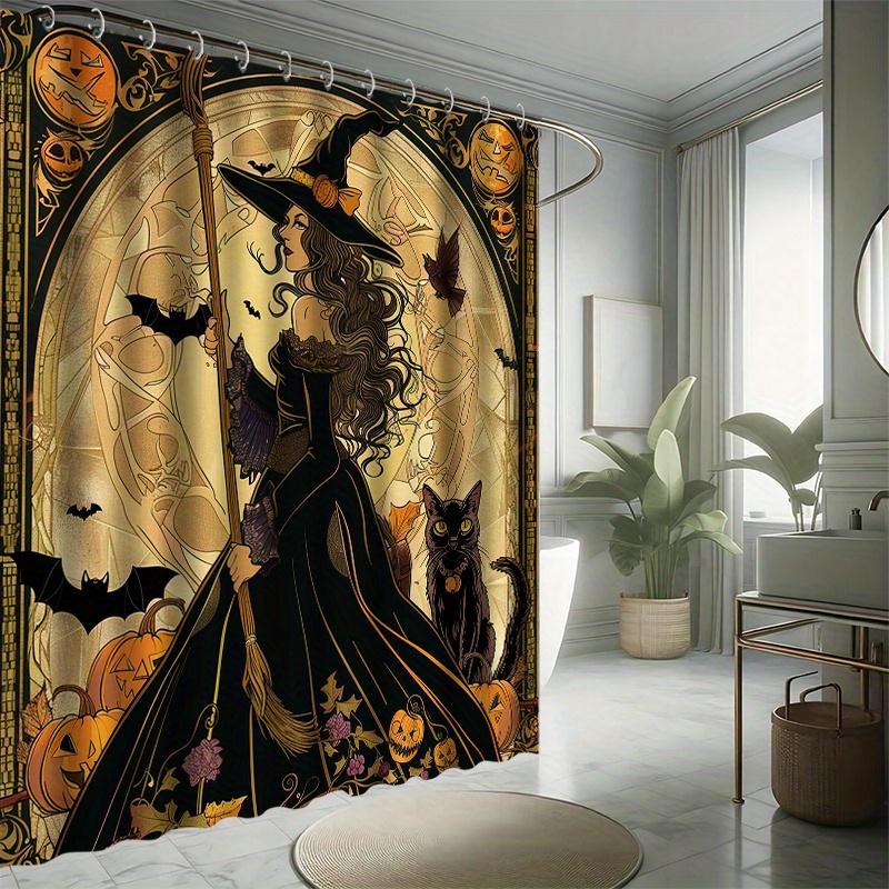 Halloween-Hexe Duschvorhang-Set - Süße Katze & Hexe, Wasserabweisendes Polyester, Maschinenwaschbar, Ganzjahres-, Moderne Dekoration