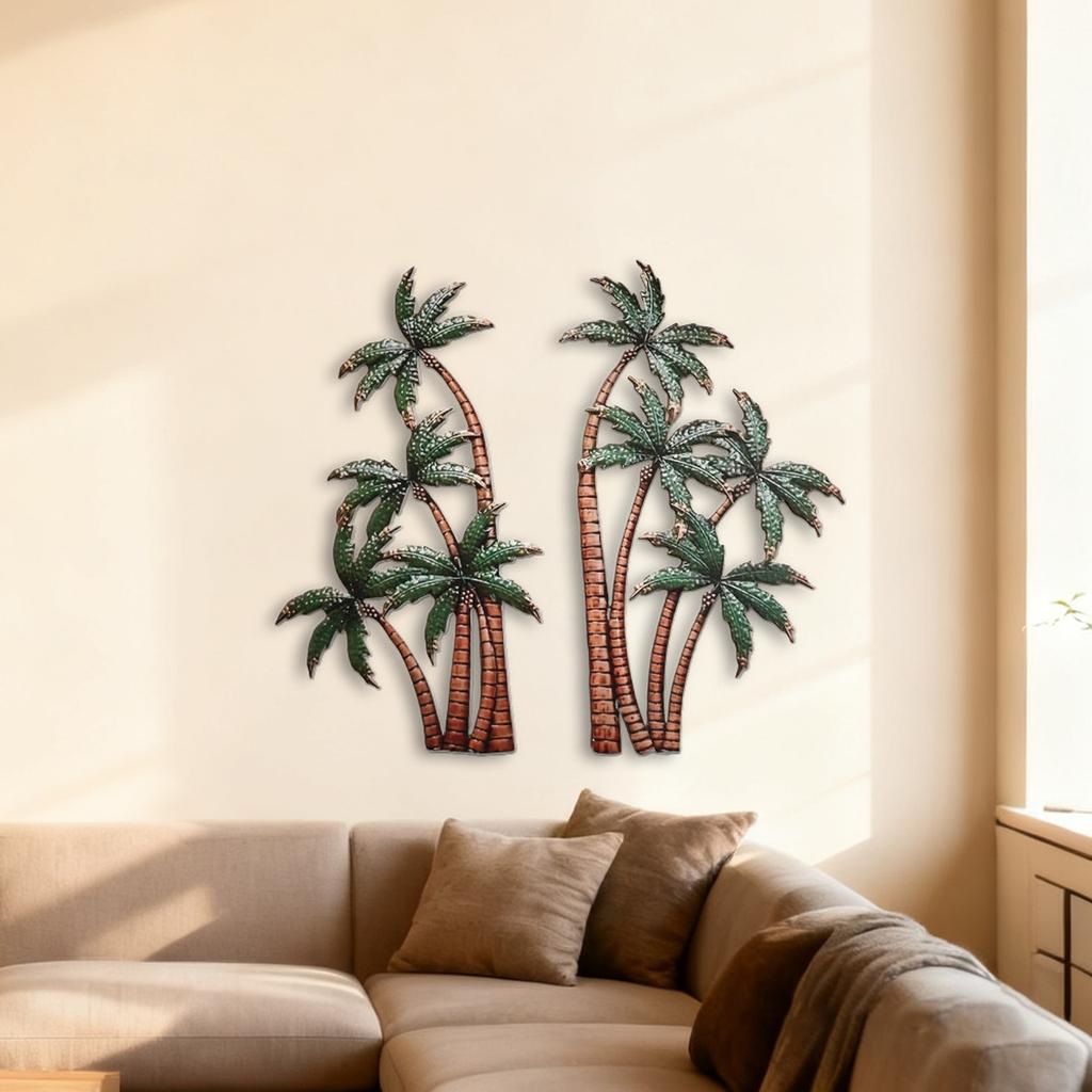 Metal Wall Art Palm Tree Silhouette Set Rustic Iron Craft Creative Decorative Hanging Sculptures for Indoor Outdoor Home and Office Display
