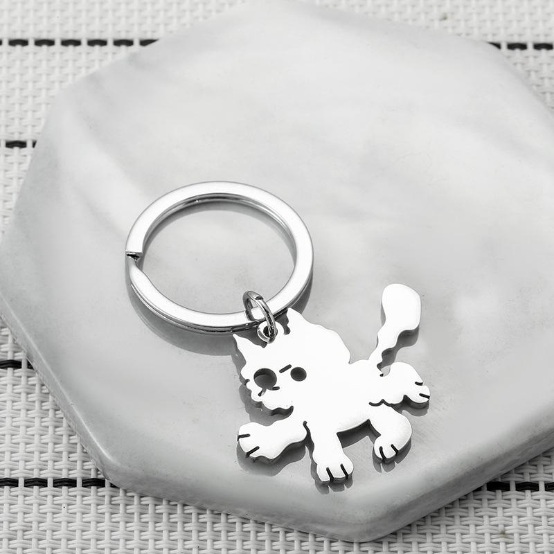 Fluffy Cat Stainless Steel Keychain Cute Cartoon Design Fashion Student Bag Pendant Practical Daily Keyring