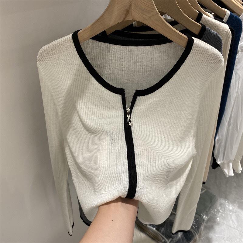 

Women s College-Style Knit Cardigan, Long Sleeve Zipper T-Shirt for Spring/Autumn 2026 - Slim Fit Ribbed Base Layer Top One Size белый