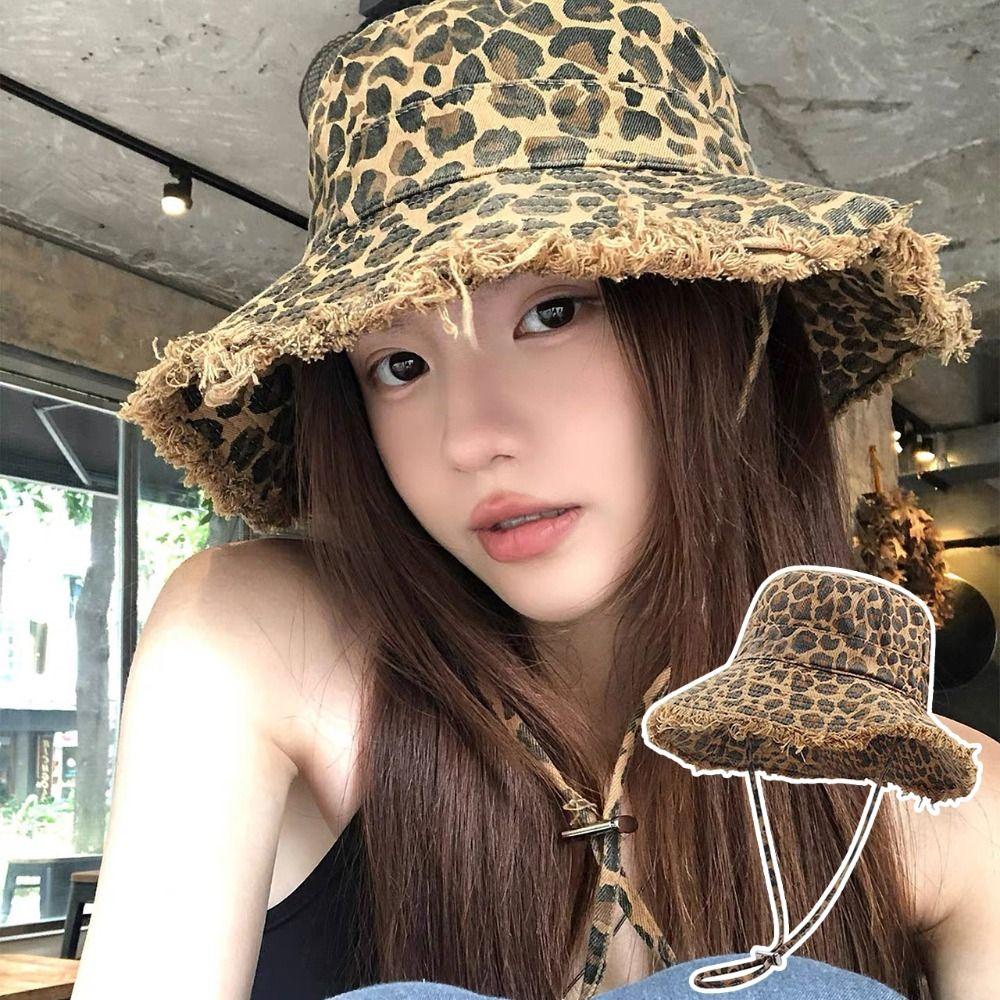Leopard Print Women's Fisherman Hat Distressed Washed Mountaineering Hat Outdoor Activities