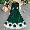 Elegant V-neck Long Sleeve Pleated Dress for Women Orange Red Pearl Trim Belted Waist 3D Flower Hem Midi Dresses Women