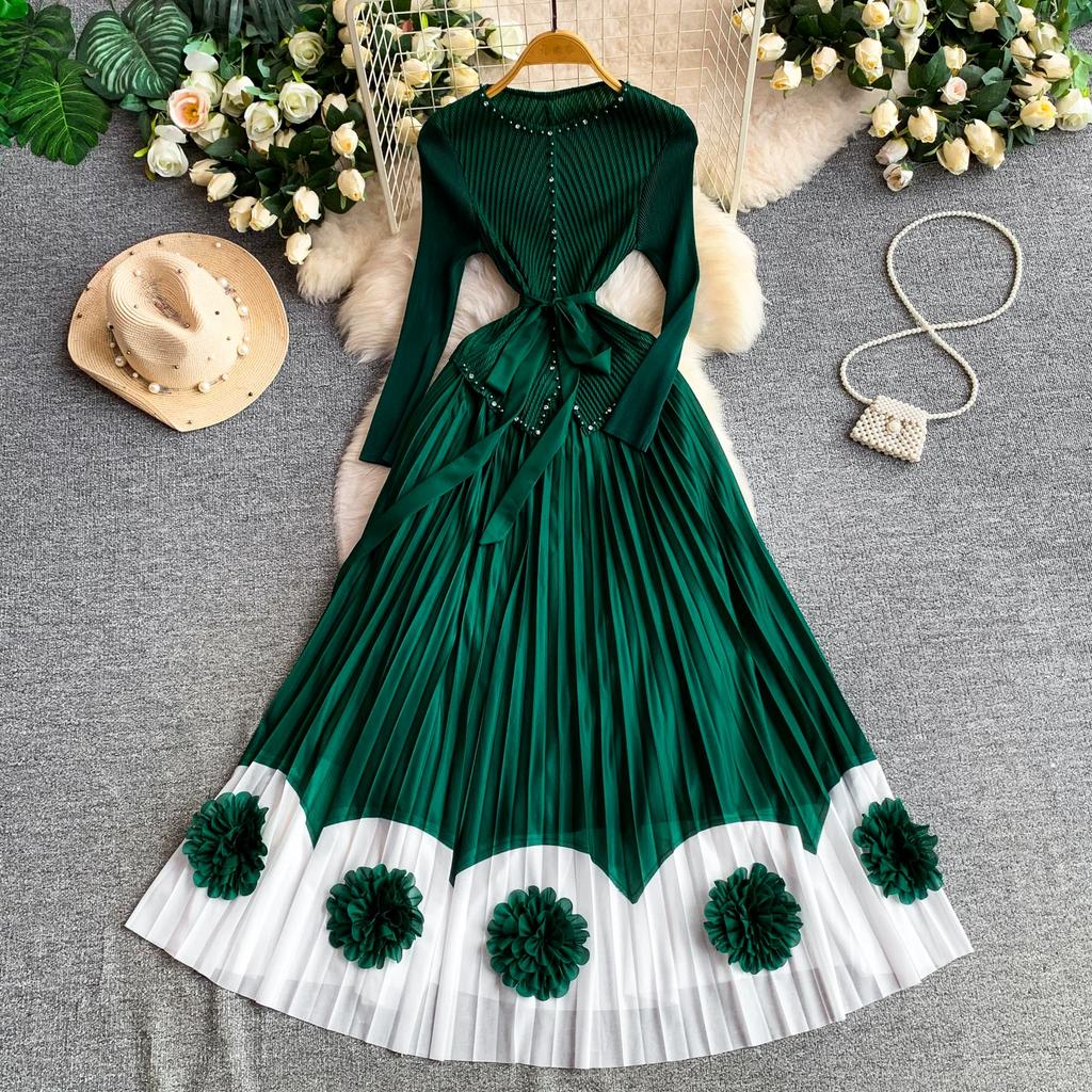 Elegant V-neck Long Sleeve Pleated Dress for Women Orange Red Pearl Trim Belted Waist 3D Flower Hem Midi Dresses Women