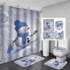Cute Snowman Christmas Shower Curtain Set Silver Pine Branches Snowflake Xmas Balls Bathroom Decor Rug Bath Mat Toilet Lid Cover
