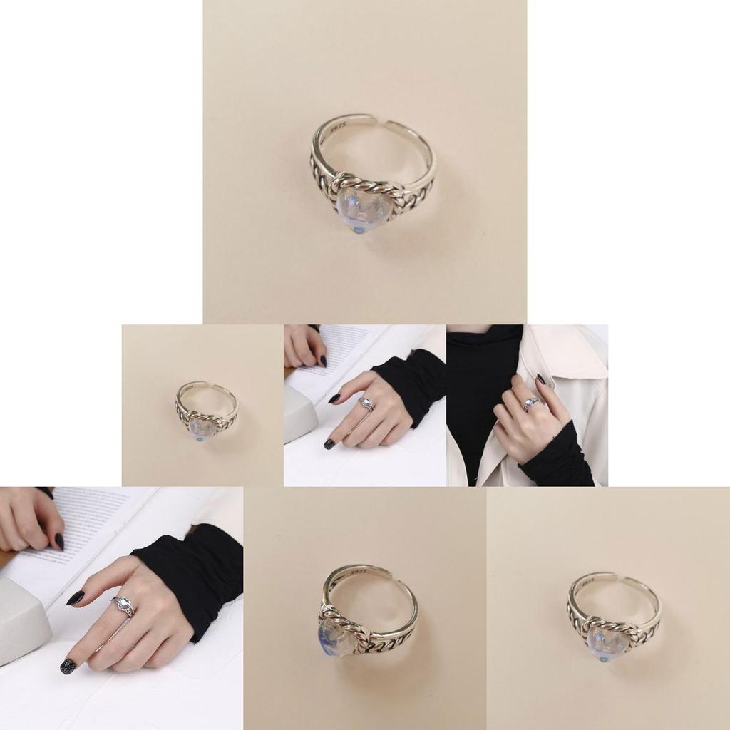 Elegant S925 Silver Double Layer Heart Moonstone Woven Ring For Trendy Girls